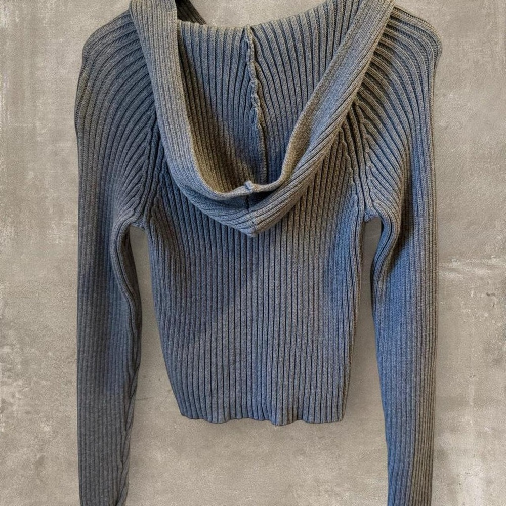 Y2K Vintage Q&A Grey Ribbed Knit Hoodie Sweater - Picture 5 of 5